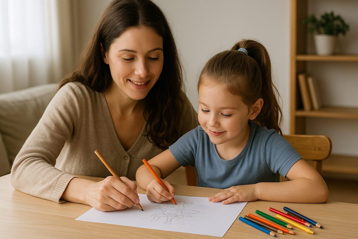 <figure>   <img src="https://pasakas-gimenei.com/atteli/mamma-meita-zime-pasaku.png"        alt="Mamma un meita sēž pie galda un kopā zīmē pasaku tēlu ar krāsainiem zīmuļiem"        title="Pasaku radīšana kopā ar bērnu – radoša aktivitāte mājās"        loading="lazy" width="800" height="533">   <figcaption>Mamma un meita kopā zīmē pasaku varoni – radoša ģimenes aktivitāte.</figcaption> </figure>